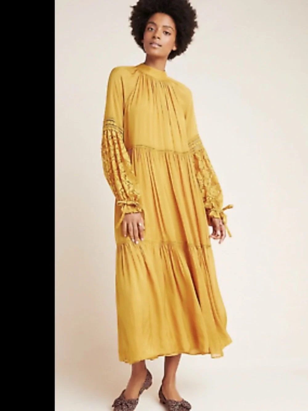 Anthropologie Atsu Aubriana Ruffled Mustard Yellow Lace-Sleeve Maxi Dress